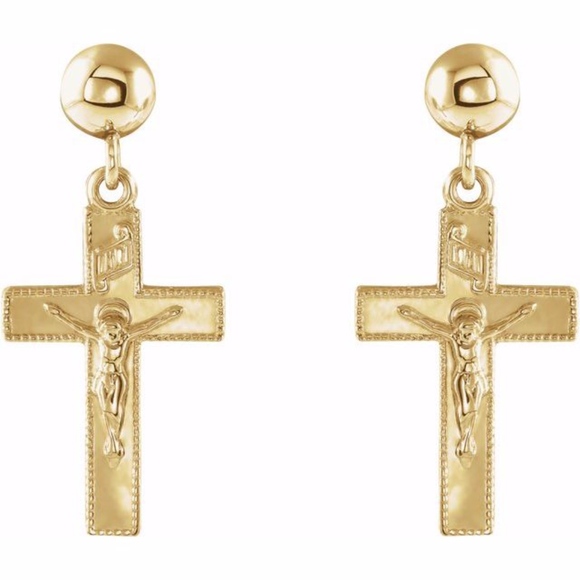 14K Yellow Crucifix Ball Dangle Earrings